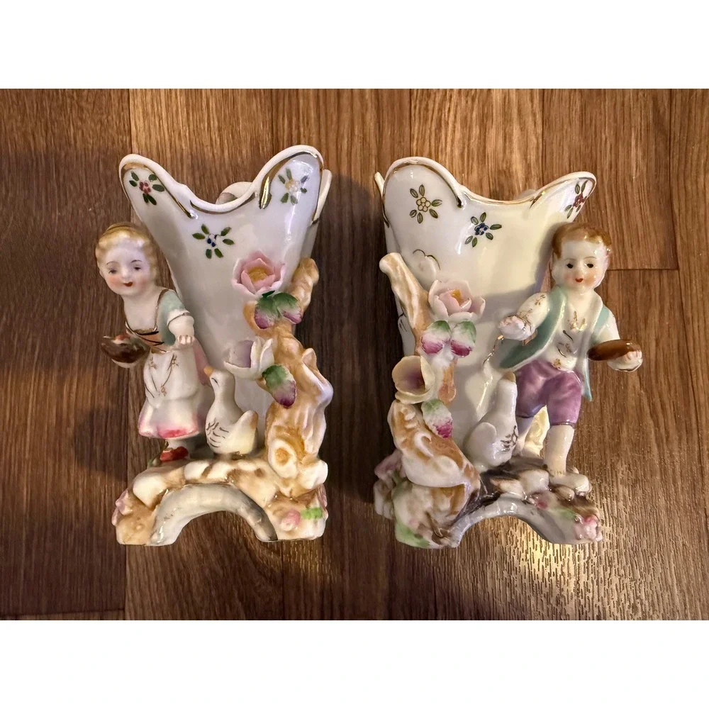 Vintage Porcelain Spill Vase Set‎ Boy Girl Figurine Hand Painted Floral Gold Rim